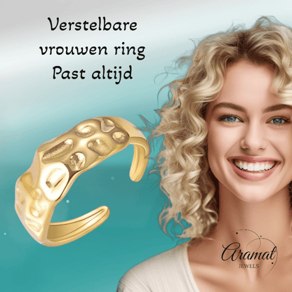 Goudkleurige Verstelbare Dames Ring deukjes - motief - Stainless Steel - Trendy - ring351 - 104805 - Ringen kopen# - Goudkleur - alles - boho