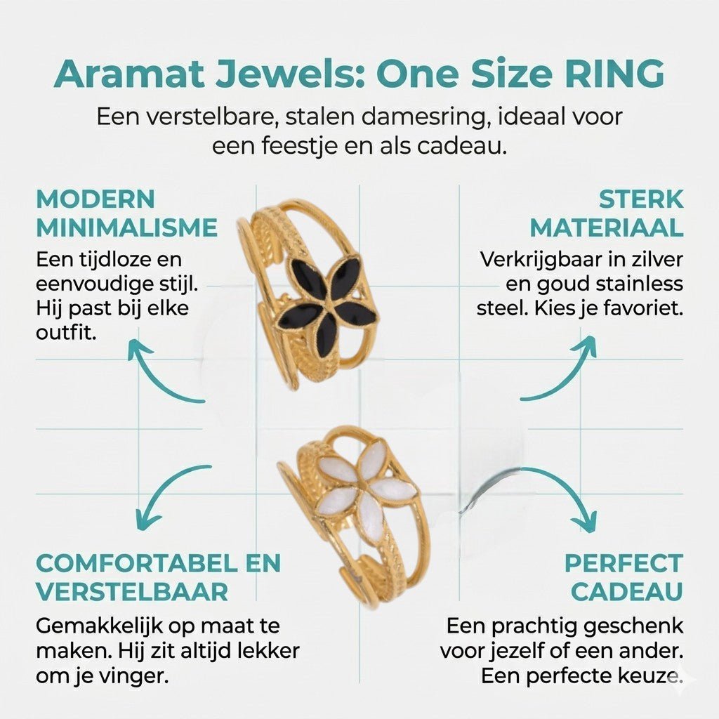 Goudkleurige Verstelbare Ring met Emaille Bloem - Triple Design (12 mm) - Aramat Jewels - Ringen - cadeautip