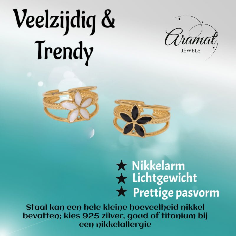Goudkleurige Verstelbare Ring met Emaille Bloem - Triple Design (12 mm) - Aramat Jewels - Ringen - cadeautip