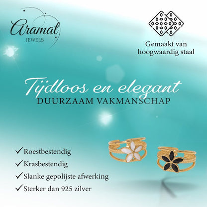 Goudkleurige Verstelbare Ring met Emaille Bloem - Triple Design (12 mm) - Aramat Jewels - Ringen - cadeautip