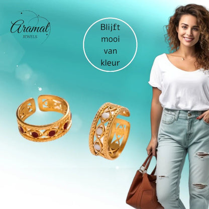 Goudkleurige Verstelbare RVS Ring met Emaille Boze Ogen - 7 mm - Aramat Jewels - Ringen - cadeautip