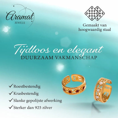 Goudkleurige Verstelbare RVS Ring met Emaille Boze Ogen - 7 mm - Aramat Jewels - Ringen - cadeautip