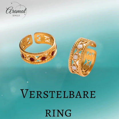 Goudkleurige Verstelbare RVS Ring met Emaille Boze Ogen - 7 mm - Aramat Jewels - Ringen - cadeautip