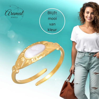 Goudkleurige Verstelbare RVS Ring met Parelmoer Wit Emaille - 6 mm - Aramat Jewels - Ringen - cadeautip