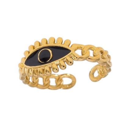 Goudkleurige Verstelbare RVS Ring met Zwart Emaille Boze Oog - 9 mm - Aramat Jewels - Ringen - cadeautip