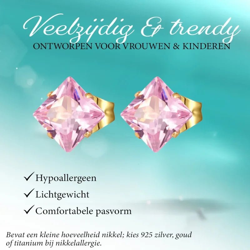 Roze vierkante oorbellen met edelsteen.