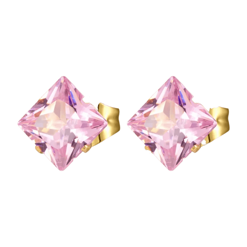 Paar roze diamantvormige oorbellen met gouden zetting.