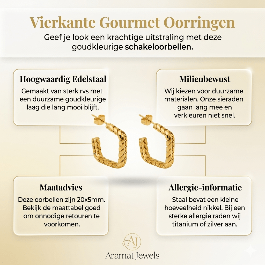 Goudkleurige Vierkante Oorringen Gourmetschakel 20x5mm RVS - Aramat Jewels - Oorbellen - cadeautip
