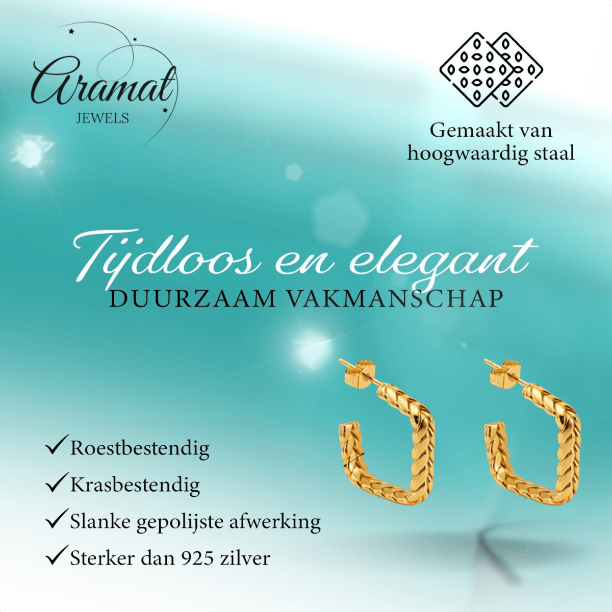 Goudkleurige Vierkante Oorringen Gourmetschakel 20x5mm RVS - Aramat Jewels - RVS Sieraden - Oorbellen - cadeautip