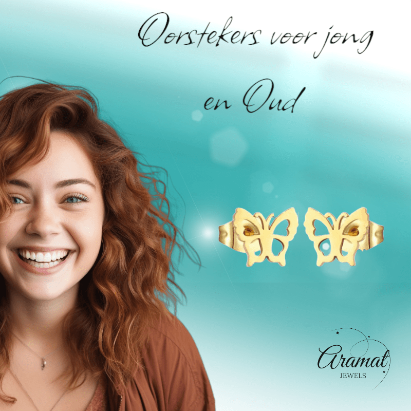 Goudkleurige vlinder oorstekers 9 mm - Aramat Jewels - Oorbellen - cadeautip
