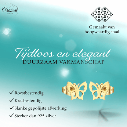 Goudkleurige vlinder oorstekers 9 mm - Aramat Jewels - Oorbellen - cadeautip