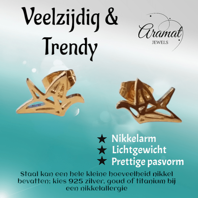 Goudkleurige Vogel Oorbellen Origami 9mm - Aramat Jewels - Oorbellen - cadeautip