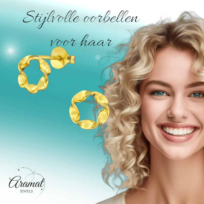 Goudkleurige zilveren gedraaide oorstekers - oor4751 - 38588 - Oorbellen kopen# - 7mm - 925 Zilver - alles