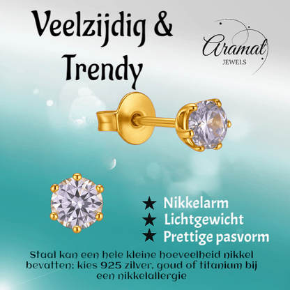 Goudkleurige Zirkonia Oorbellen 4mm Lila - Aramat Jewels - Oorbellen - cadeautip