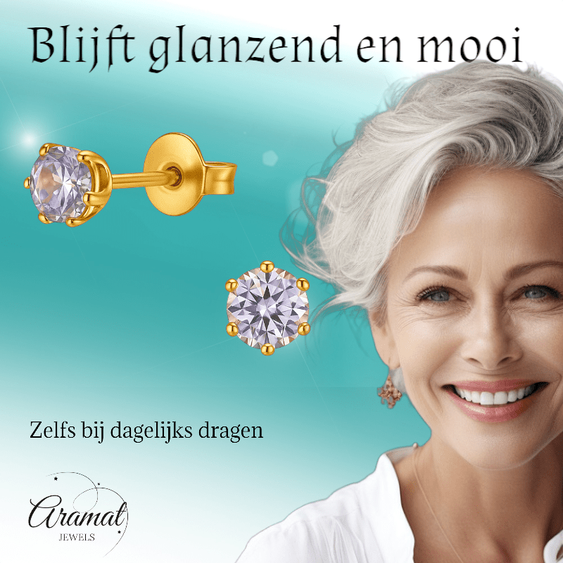 Goudkleurige Zirkonia Oorbellen 4mm Lila - Aramat Jewels - Oorbellen - cadeautip