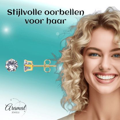 Goudkleurige Zirkonia Oorbellen 5mm Lila - Aramat Jewels - Oorbellen - cadeautip