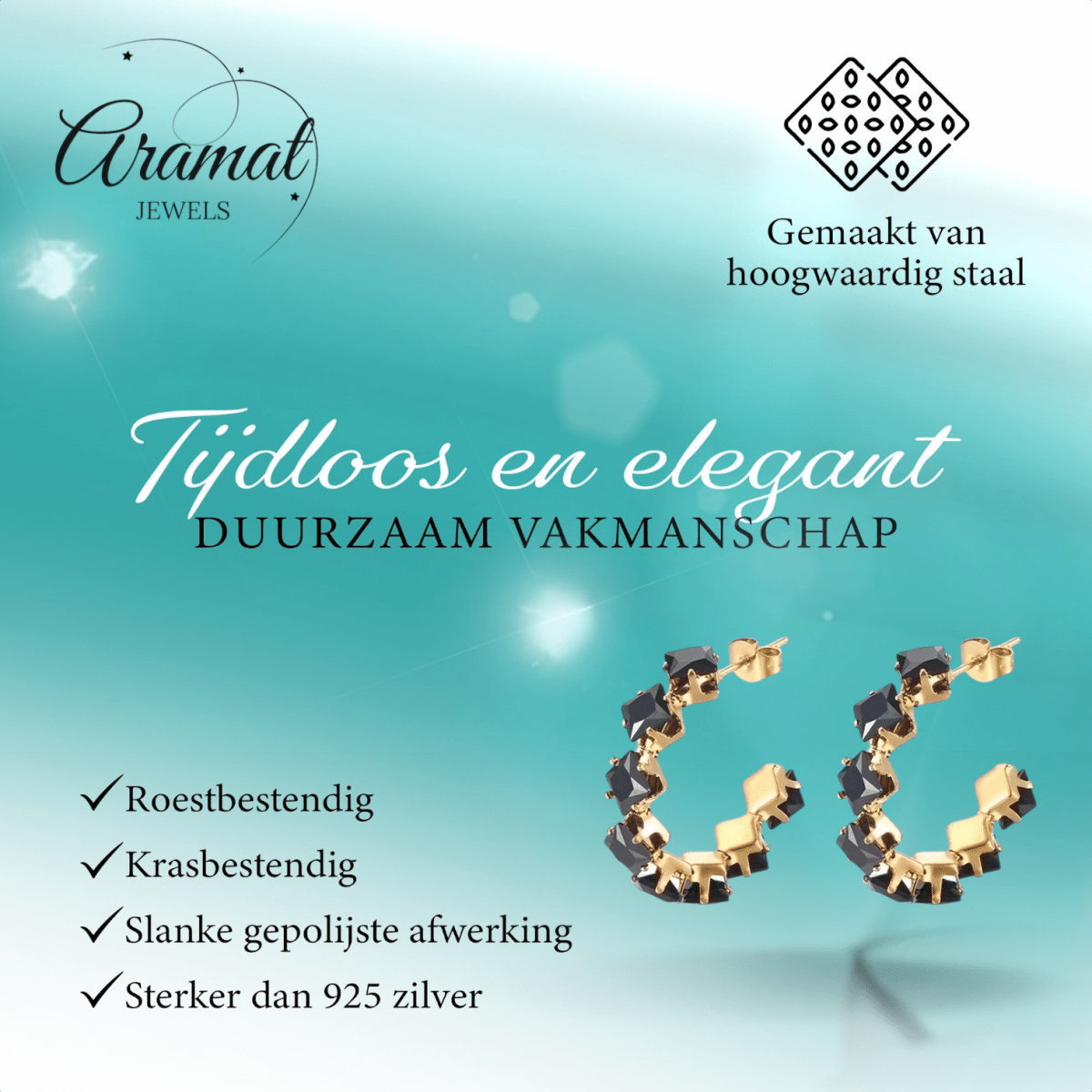 Goudkleurige Zirkonia Oorringen 28x5mm RVS - 8 Steentjes - Aramat Jewels - RVS Sieraden - Oorbellen - cadeautip