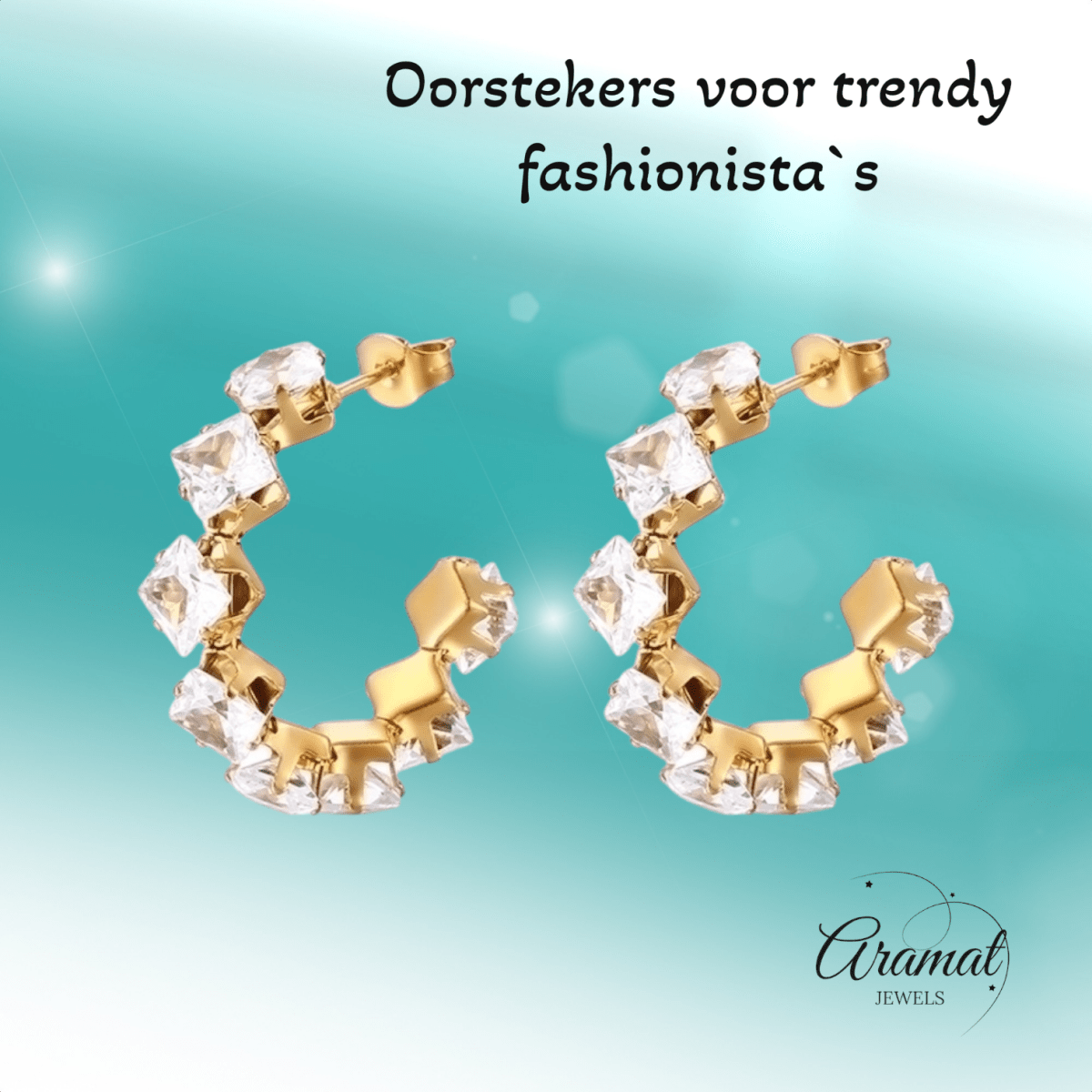 Goudkleurige Zirkonia Oorringen 28x5mm RVS - 8 Steentjes - Aramat Jewels - RVS Sieraden - Oorbellen - cadeautip
