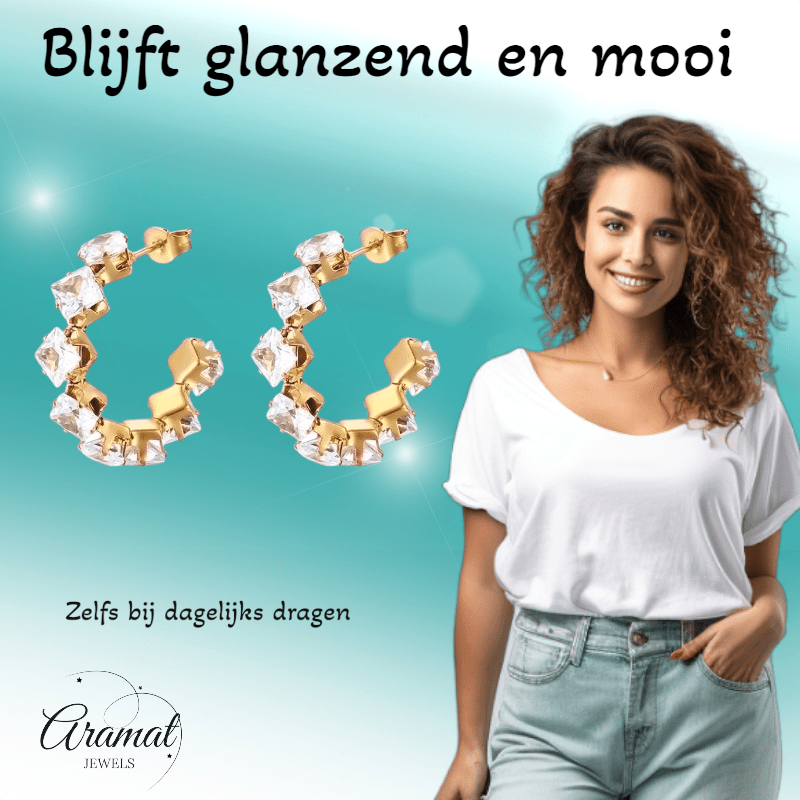 Goudkleurige Zirkonia Oorringen 28x5mm RVS - 8 Steentjes - Aramat Jewels - RVS Sieraden - Oorbellen - cadeautip