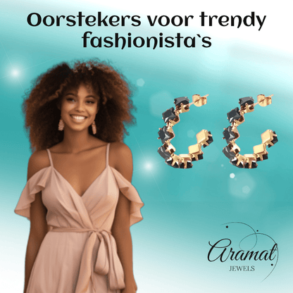 Goudkleurige Zirkonia Oorringen 28x5mm RVS - 8 Steentjes - Aramat Jewels - RVS Sieraden - Oorbellen - cadeautip