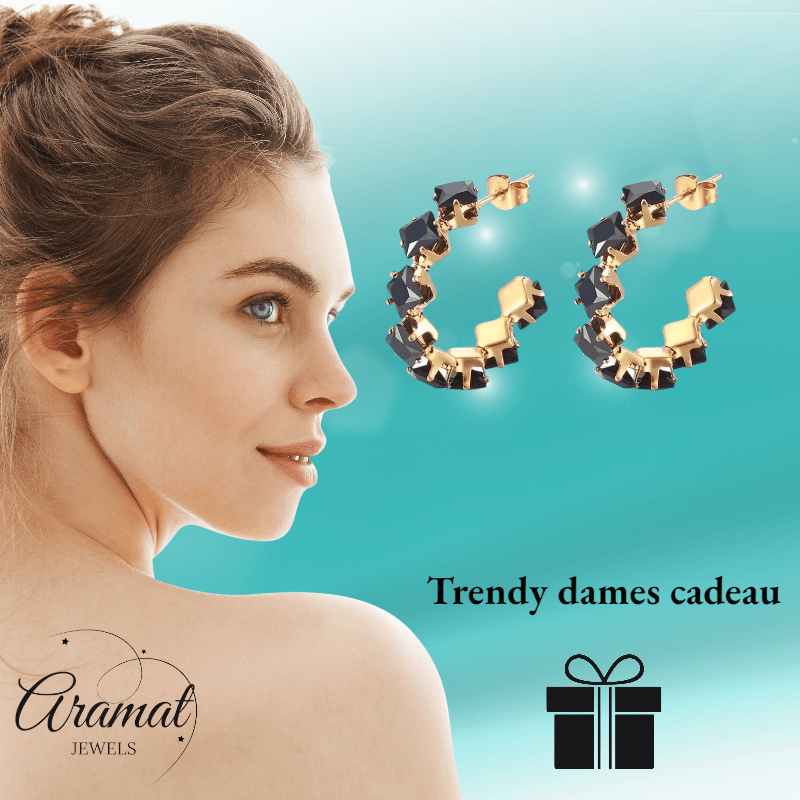 Goudkleurige Zirkonia Oorringen 28x5mm RVS - 8 Steentjes - Aramat Jewels - RVS Sieraden - Oorbellen - cadeautip