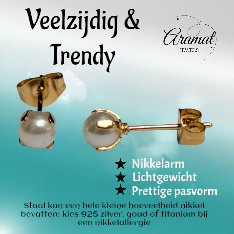 Goudkleurige Stalen Parel Oorbellen 5mm
