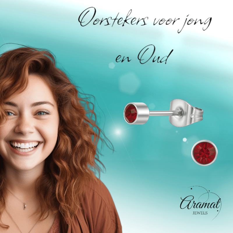 Granaatrood kristal oorstekers – 4mm zilver RVS - Aramat Jewels - Oorbellen - cadeautip