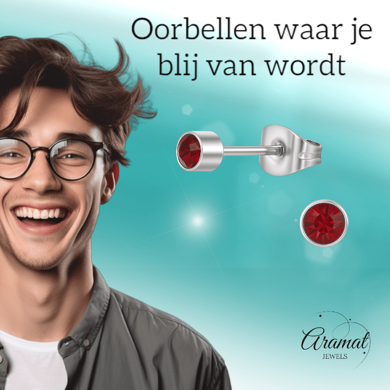 Granaatrood kristal oorstekers – 4mm zilver RVS - Aramat Jewels - Oorbellen - cadeautip