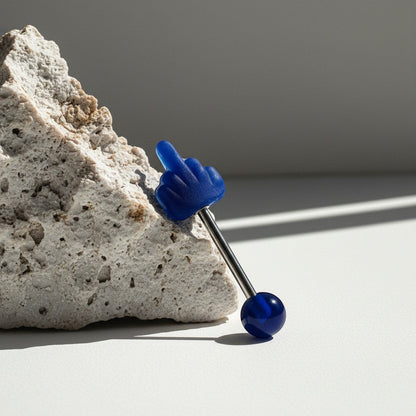 Aramat Jewels blue middle finger tongue piercing with a silver barbell and blue acrylic top.