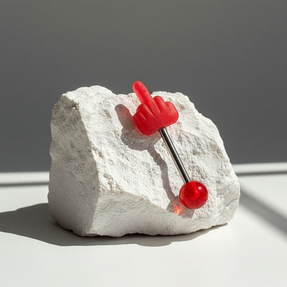 Aramat Jewels red middle finger tongue piercing with a silver barbell and red ball end. Made from steel, rubber, and acrylic.