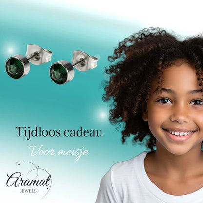 Oorstekers – Staal Kristal Donker Groen Zilverkleur (5mm)