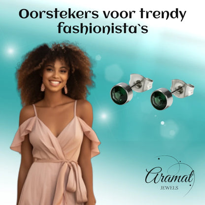 Oorstekers – Staal Kristal Donker Groen Zilverkleur (5mm)