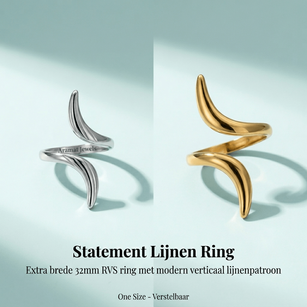 Grote Brede One Size Ring RVS met Lijnen Design (32 mm) - Aramat Jewels - Ringen - cadeautip
