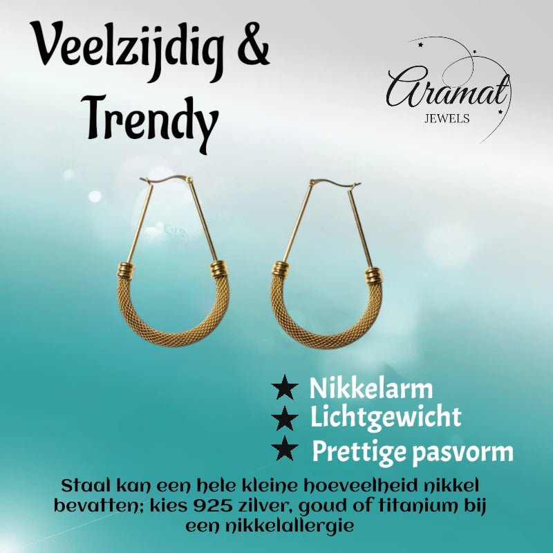 Grote Ovale Oorringen Goudkleurig RVS met Mesh Schakel (58 mm) - Aramat Jewels - Oorringen - cadeautip