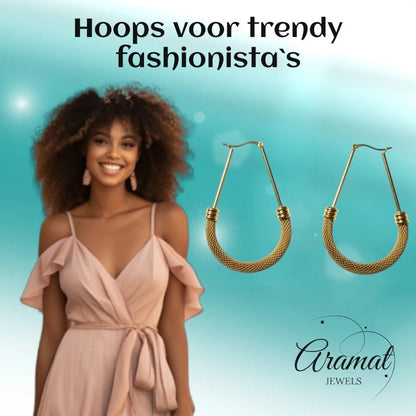 Grote Ovale Oorringen Goudkleurig RVS met Mesh Schakel (58 mm) - Aramat Jewels - Oorringen - cadeautip