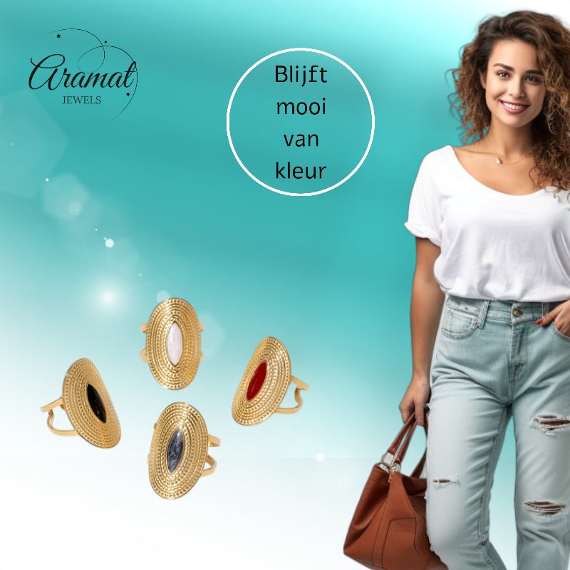 Grote Verstelbare RVS Ring Ovaal met Emaille - 28 mm - Aramat Jewels - Ringen - cadeautip
