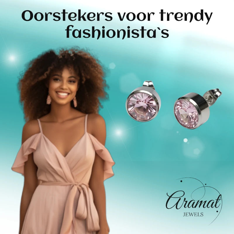 Oorstekers – Staal Kristal Roze Zilverkleur (10mm)