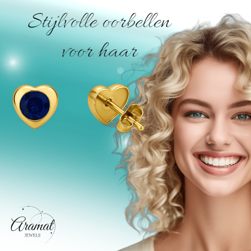 Hartjes Oorbellen met Blauwe Zirkonia - goudkleurig RVS - oor2794 - XE71684 - Oorbellen kopen# - 8mm - alles - blauw