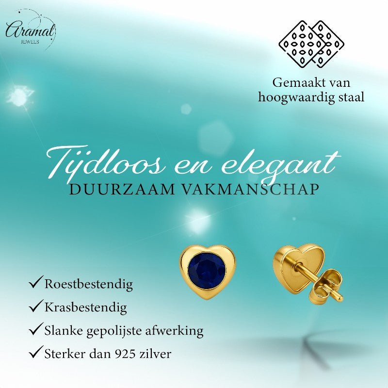 Hartjes Oorbellen met Blauwe Zirkonia - goudkleurig RVS - oor2794 - XE71684 - Oorbellen kopen# - 8mm - alles - blauw