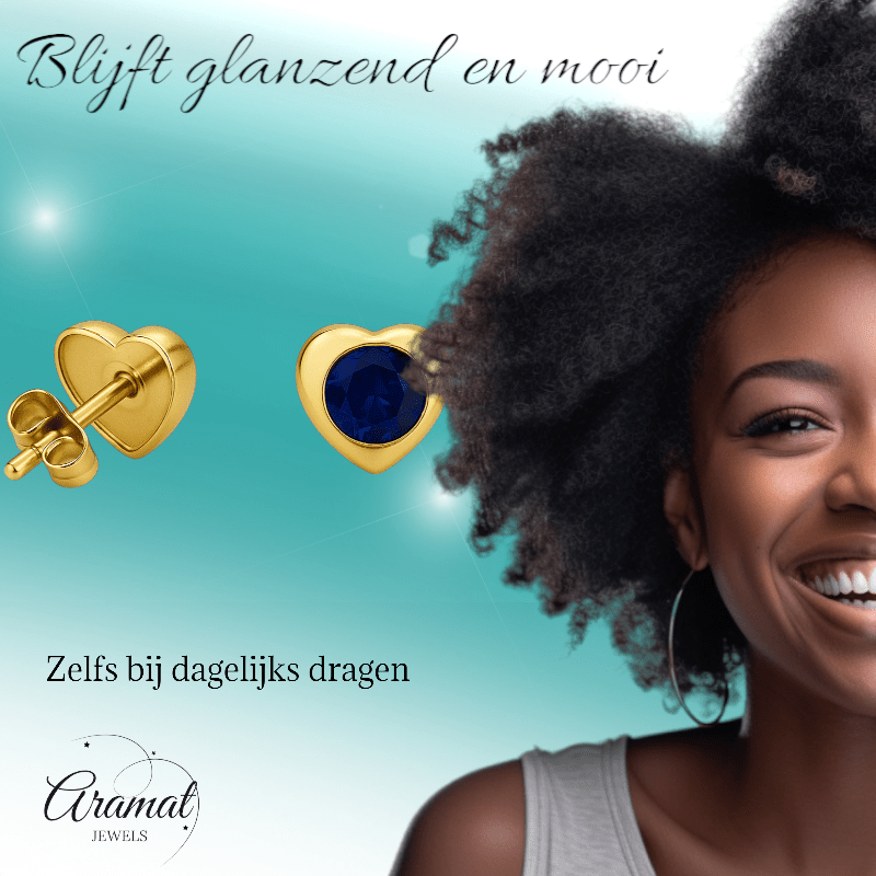 Hartjes Oorbellen met Blauwe Zirkonia - goudkleurig RVS - oor2794 - XE71684 - Oorbellen kopen# - 8mm - alles - blauw