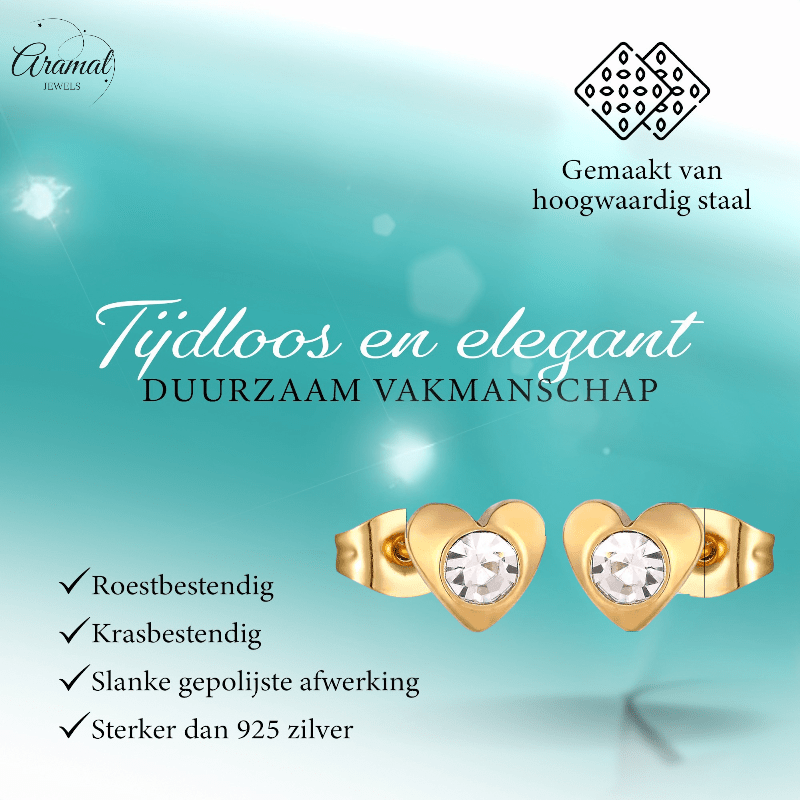 Hartjes oorstekers goudkleur – transparant kristal 8mm - Aramat Jewels - Oorbellen - cadeautip