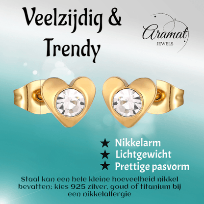 Hartjes oorstekers goudkleur – transparant kristal 8mm - Aramat Jewels - Oorbellen - cadeautip