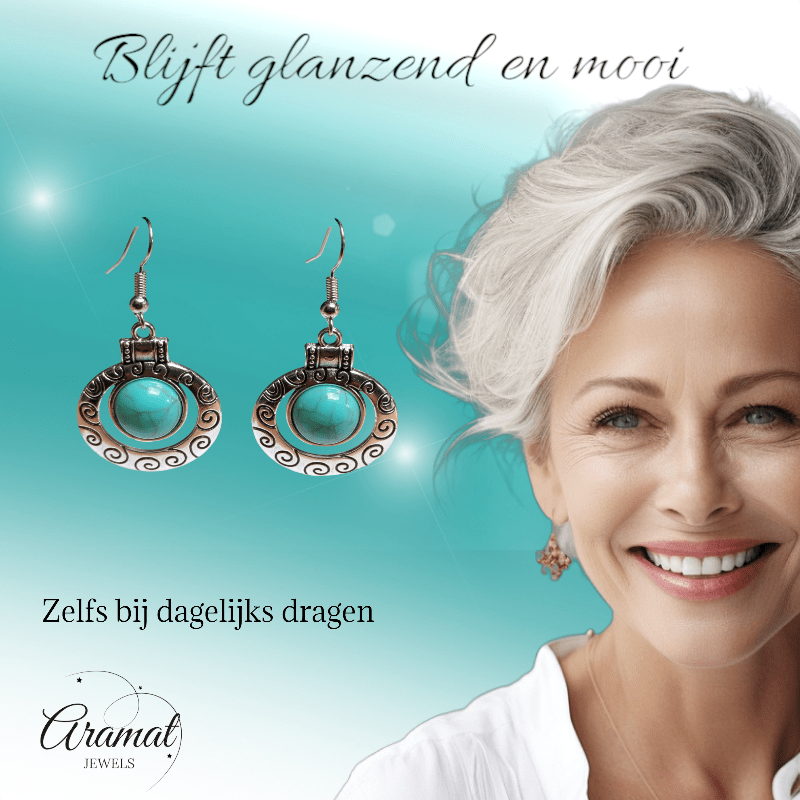 Hippe Bohemien Oorhangers met Turquoise Steen - oor6028 - Oorhangers kopen# - 50mm - alles - bali