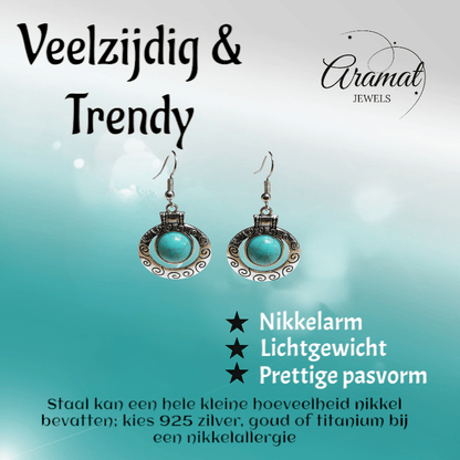 Hippe Bohemien Oorhangers met Turquoise Steen - oor6028 - Oorhangers kopen# - 50mm - alles - bali