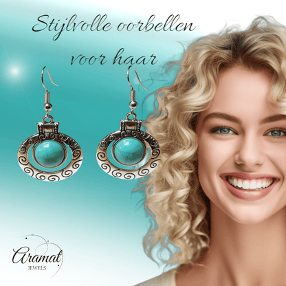 Hippe Bohemien Oorhangers met Turquoise Steen - oor6028 - Oorhangers kopen# - 50mm - alles - bali