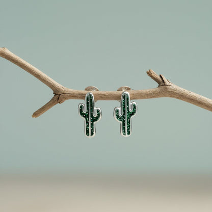 Aramat Jewels silver cactus stud earrings with green glitter enamel for children.