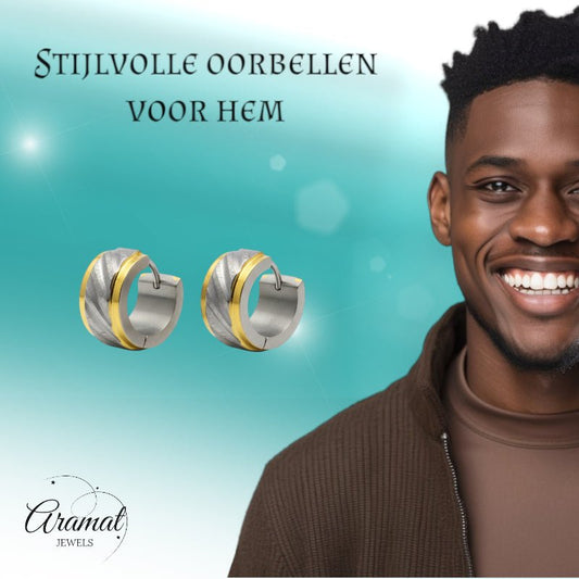 Huggies – Bicolor RVS Gediamanteerd Design (Goudkleur & Zilverkleur) - Aramat Jewels - Oorringen - cadeautip