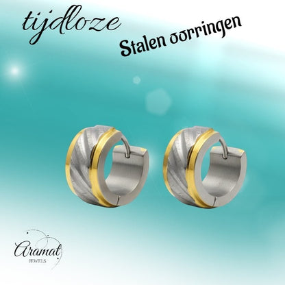 Huggies – Bicolor RVS Gediamanteerd Design (Goudkleur & Zilverkleur) - Aramat Jewels - Oorringen - cadeautip