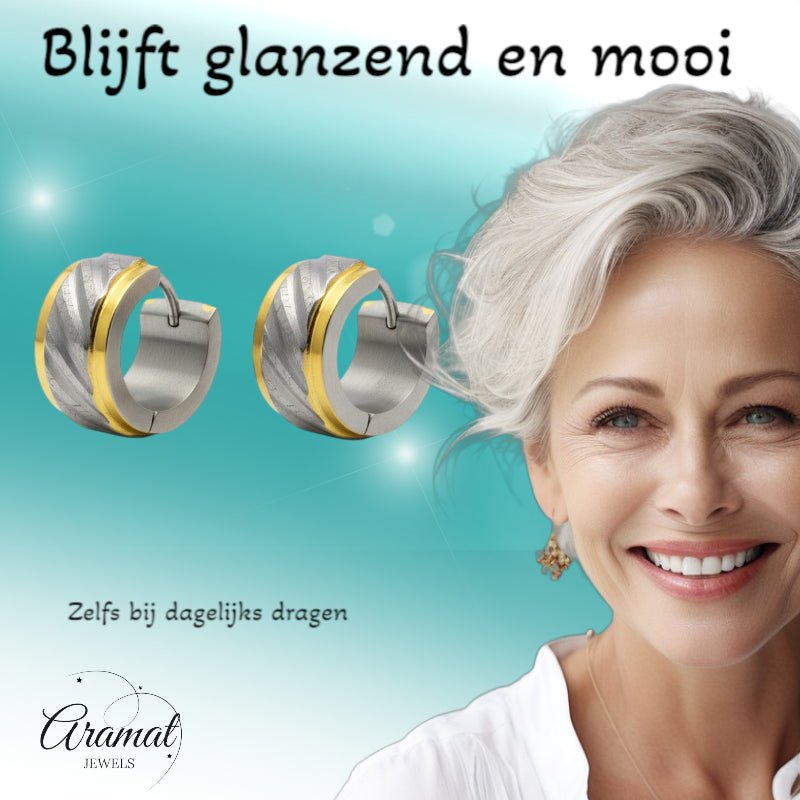 Huggies – Bicolor RVS Gediamanteerd Design (Goudkleur & Zilverkleur) - Aramat Jewels - Oorringen - cadeautip