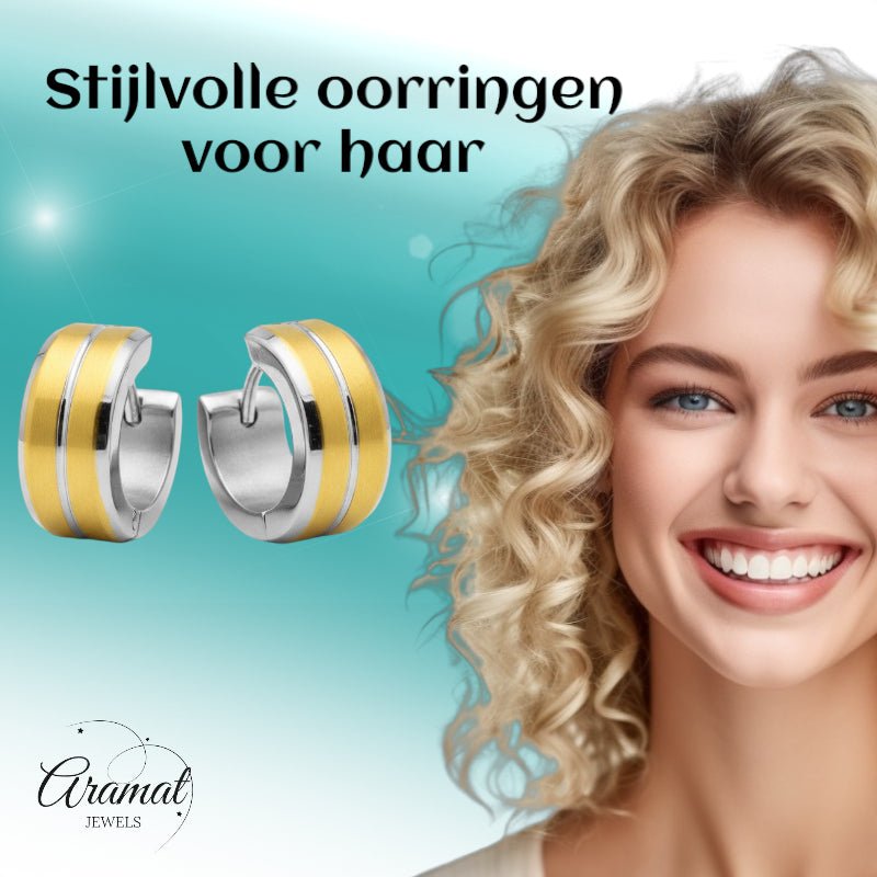 Huggies – Bicolor RVS met Goudaccent (14mm) - Aramat Jewels - Oorringen - cadeautip